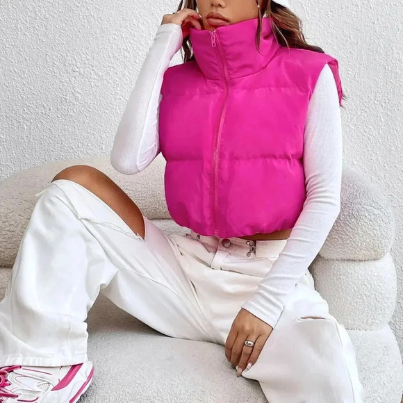 Hot Pink Casual Women's Y2k Zipper Front Vest Padded Coat - Picture 4 of 6